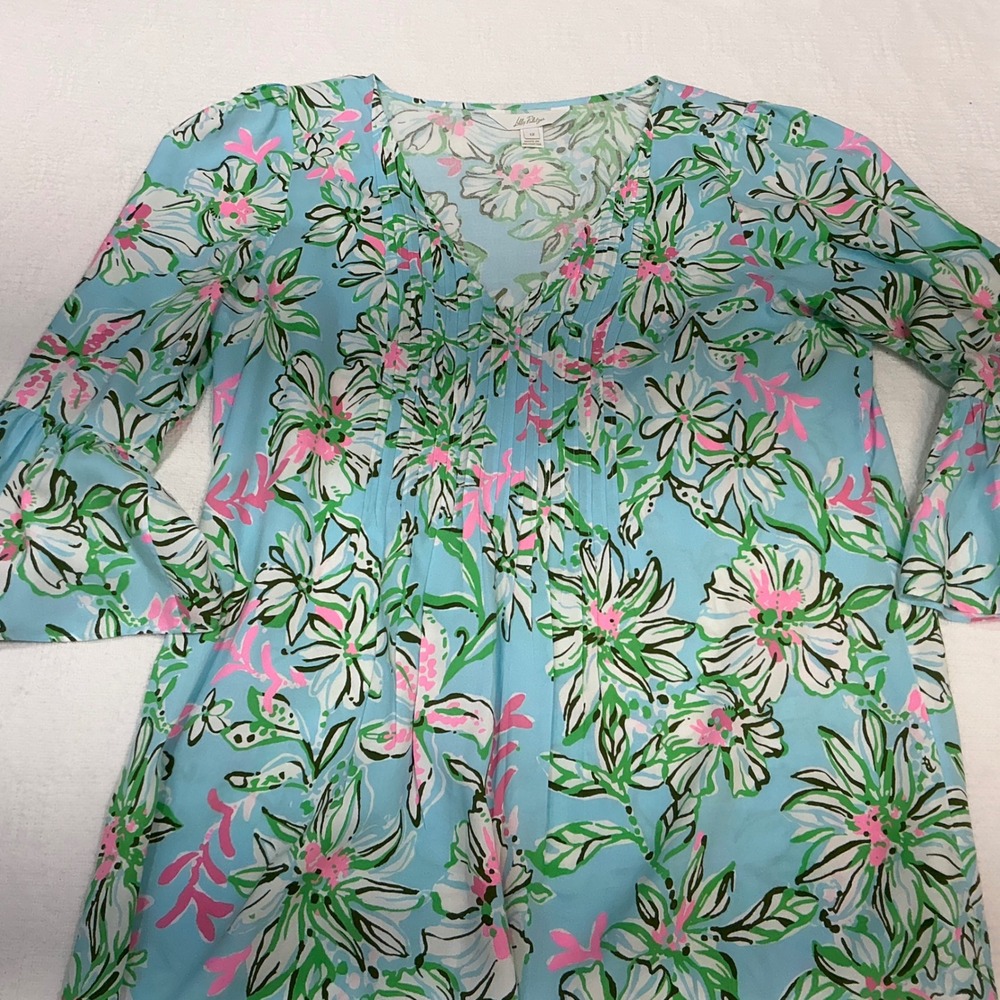 Lilly Pulitzer Floral Pintuck V-Neck Bell Sleeve Shift Dress Blue Pink Womens 12